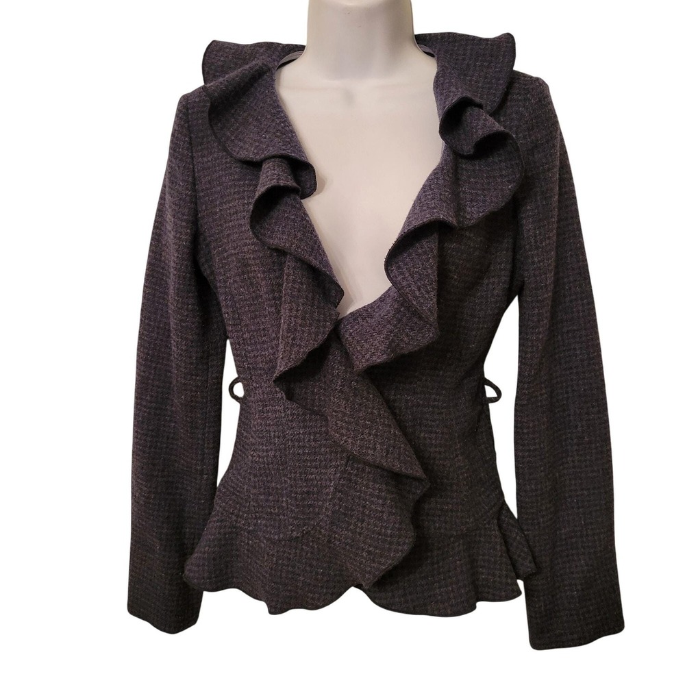 Armani Jeans 0 Blue Gray‎ Tweed Ruffle Wool Fitted Blazer Jacket Academia Twee